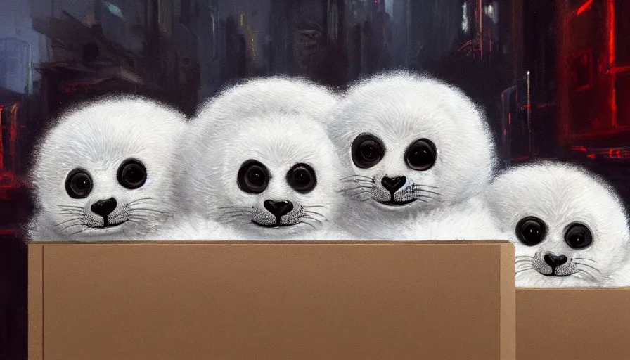 Prompt: highly detailed painting of furry white baby seals cuddled up in a cardboard box in a dystopian cyberpunk street by william turner, thick brush strokes and visible paint layers, 4 k resolution, retrowave colour scheme