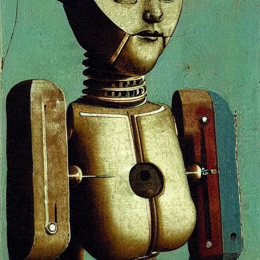 Prompt: a robot with teal hair holding a phone in ancient rome, painting by leonardo da vinci