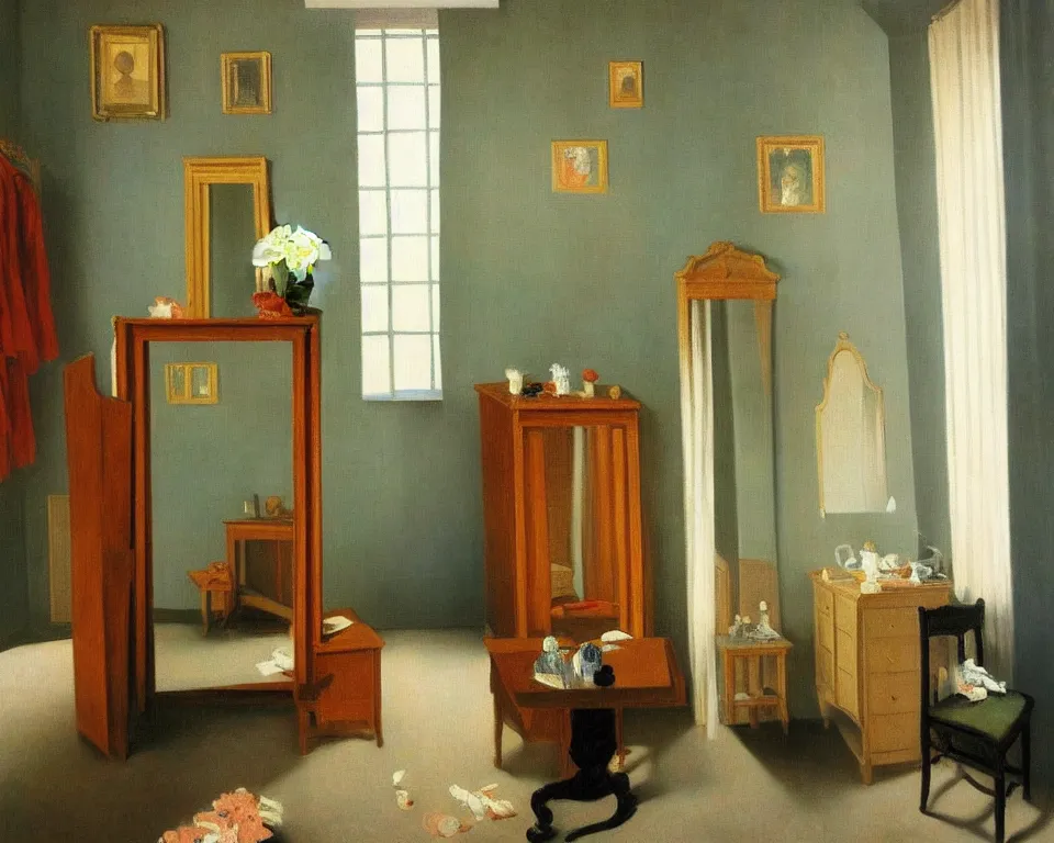 Prompt: achingly beautiful painting of a sophisticated, well - decorated dressing room by rene magritte, monet, and turner. whimsical.