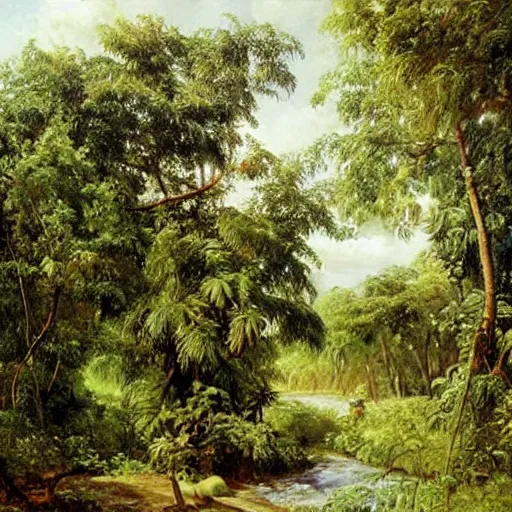 Image similar to tropical fruit trees and white milk river, mangos, painting by ivan shishkin