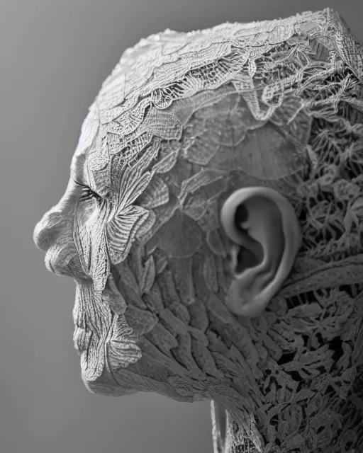Prompt: a 8 0 year old woman's face in profile, made of intricate decorative lace leaf skeleton, in the style of the dutch masters and gregory crewdson, dark and moody, depth of field