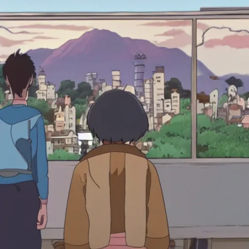 Image similar to animated movie scene portraying remote startup life in the new miyazaki film