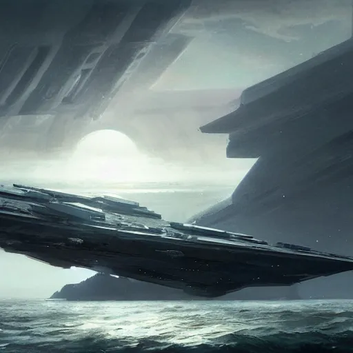 Image similar to star wars concept art by greg rutkowski, a palatial and imposing spaceship imperial star destroyer emerging from the sea in the middle of a ocean landscape, enigmatic atmosphere, beautiful and cinematic lighting, artstation hq.