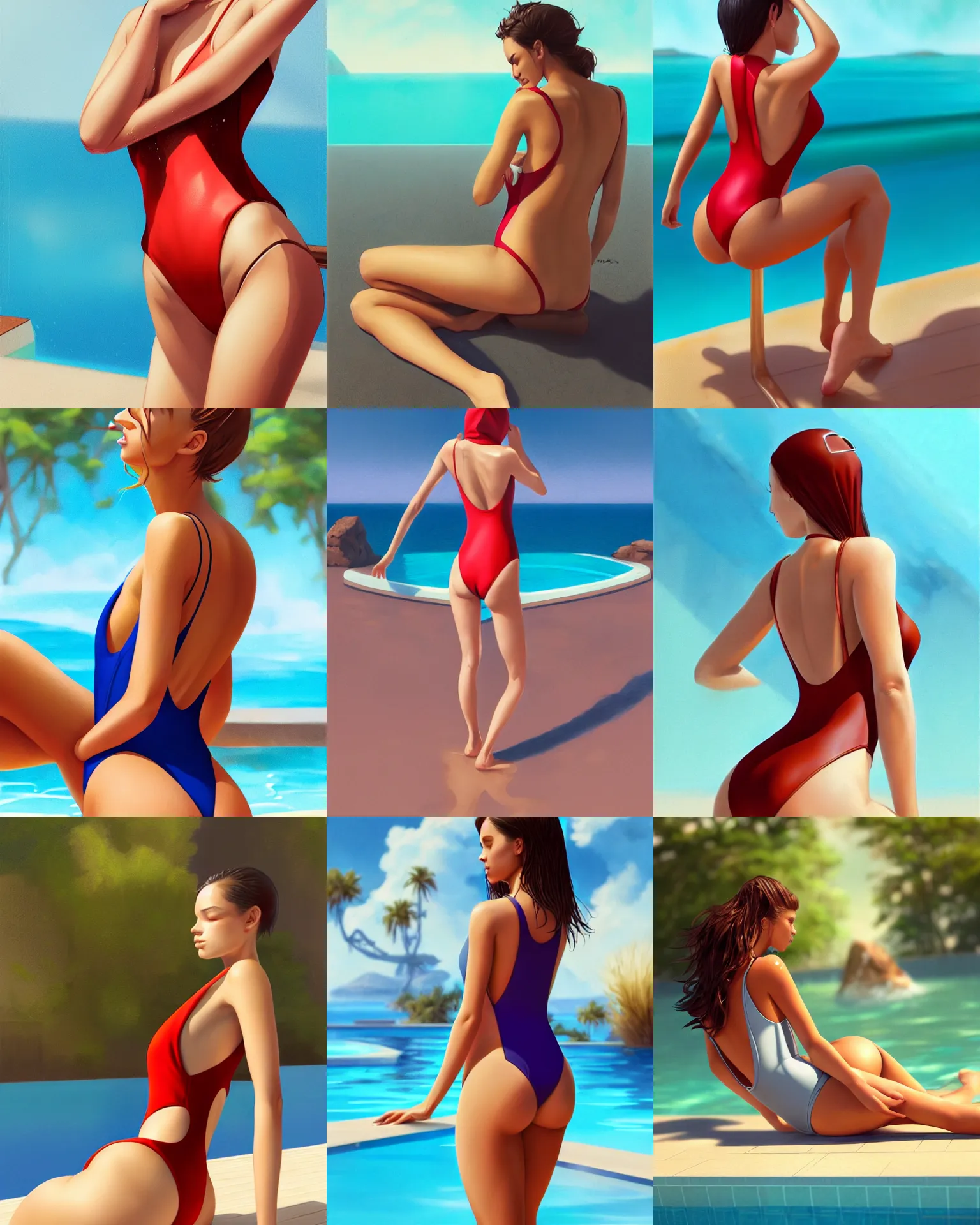 Prompt: attractive girl in the closed one-piece swimsuit monokini sitting at the poolside, hourglass slim figure, medium shot close up, wet swimsuit, view from behind, details, sharp focus, illustration, 4k 3d art by Jordan Grimmer and greg rutkowski, Trending artstation, pixiv, digital Art