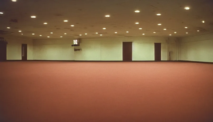 Image similar to 60s movie still of a liminal space sovietic stalinist style empty ballroom, cinestill 800t 50mm eastmancolor, heavy grain-s 150