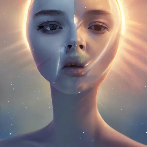 Prompt: sci - fi, close - up, 3 d, moon rays, night, sleepy fashion model face, cinematic, clouds, sun rays, vogue cover style, poster art, blue mood, realistic painting, intricate oil painting, high detail illustration, figurative art, multiple exposure, by tooth wu and wlop and beeple and greg rutkowski