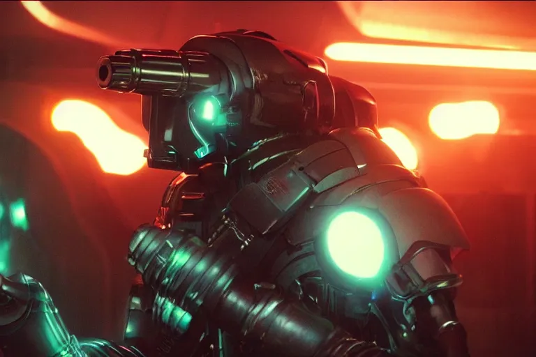Image similar to VFX movie of a futuristic inhuman alien spacemarines in future spaceship, firing gun at space pirates detailed creature skin neon lighting by Emmanuel Lubezki