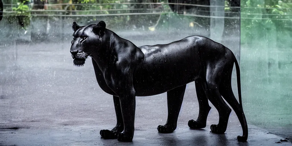 Image similar to the smooth black lioness, made of smooth black goo, in the zoo exhibit, viscous, sticky, full of black goo, covered with black goo, splattered black goo, dripping black goo, dripping goo, splattered goo, sticky black goo. photography, dslr, reflections, black goo, zoo, exhibit