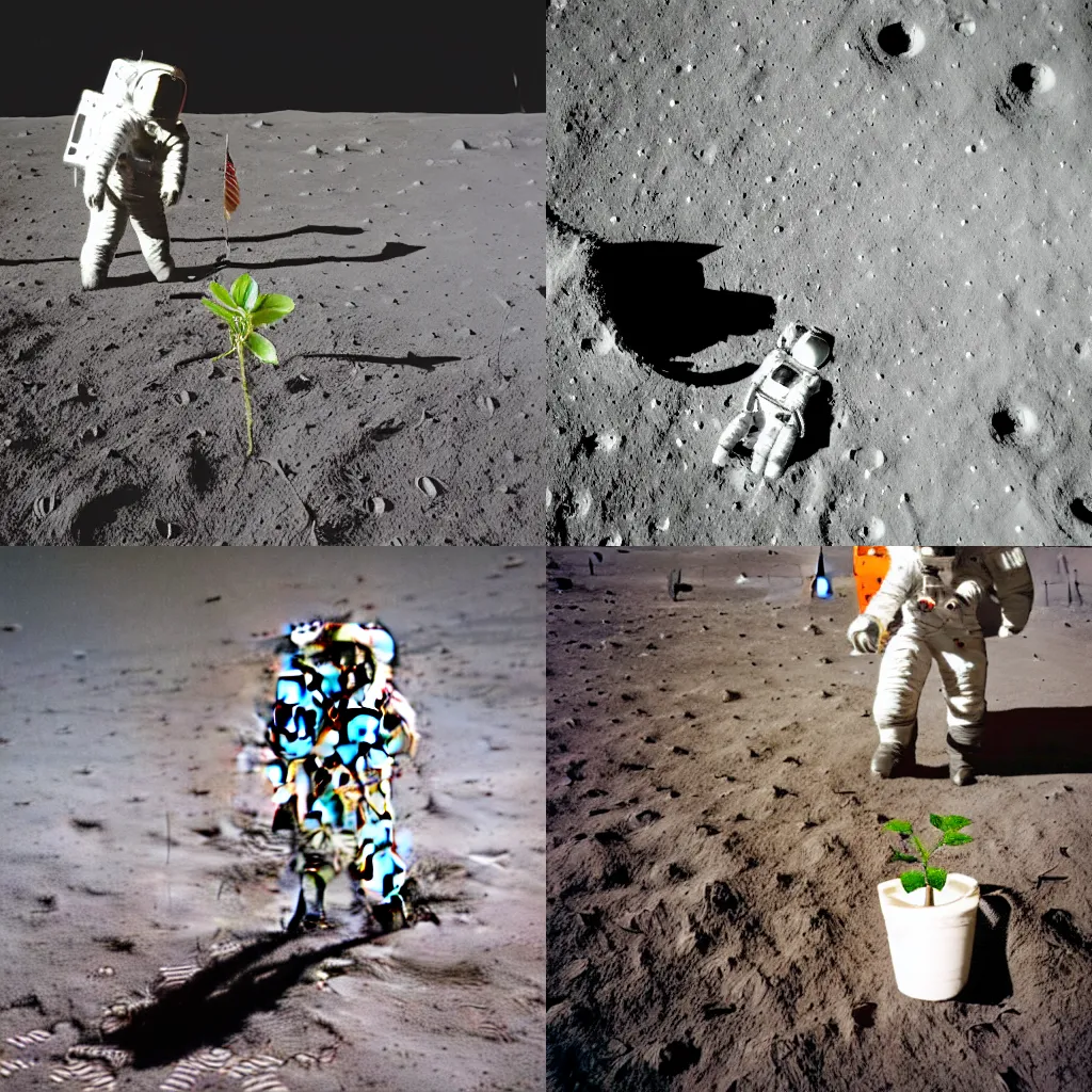 Prompt: an astronaut holding plant sprouting on the moon soil, photography