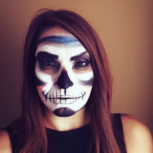 Image similar to a woman with face paint of a skull. full body. photo. detailed. photography. trending on instagram.