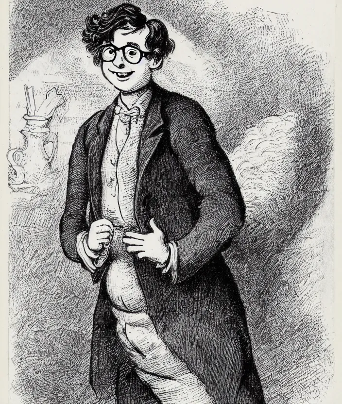 Prompt: illustration of jewish young man with glasses, dark short curly hair smiling, in the style of john tenniel