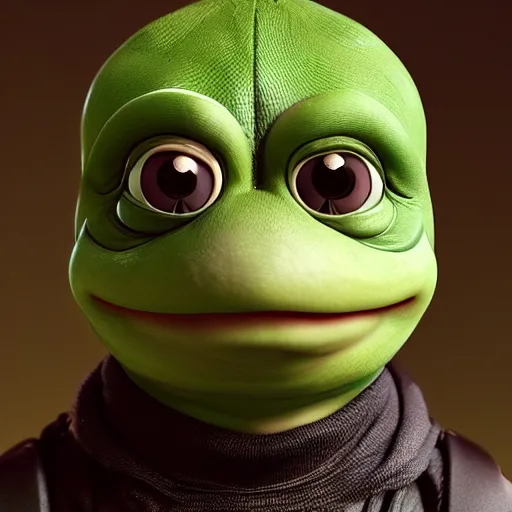 Image similar to a sadge - sad - pepe - the - turtle - ninja, looking more depressed than usual, quivering lips, fists in the air, sweat flying, cgi render, zbrush, octane, keyshot render