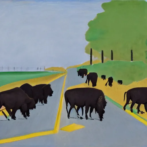 Prompt: a herd of buffalo crosses the road in south dakota, holding up traffic, painted by matisse