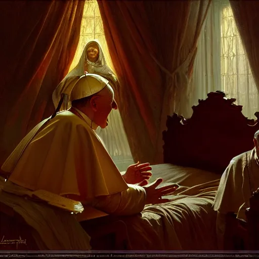 Image similar to the pope wakes up is his bed, sweating, nervous, terrified, because a double horned shadow demon lurks in the papal bedroom. highly detailed painting by gaston bussiere, j. c. leyendecker, greg rutkowski, craig mullins 8 k