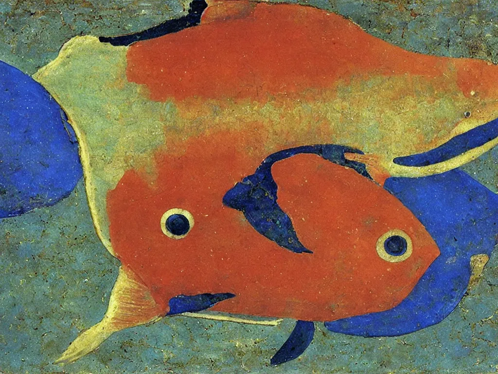 Prompt: close up of exotic, beautiful fish. lapis lazuli, malachite, cinnabar, gold. painting by piero della francesca, balthus, agnes pelton