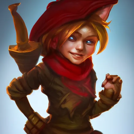 Prompt: Yordle Female portrait, Red Scarf, hatched ear, golden earring, Earnest, diminutive by Horace Hsu, Tony Sart highly detailed, digital illustration, concept art, dramatic lighting