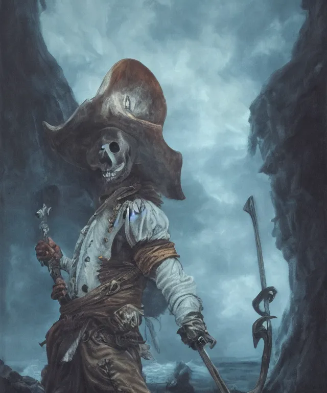 Image similar to ultra realistic color portrait painting of a tranparent 1 7 th century pirate ghost with a sword in a grotto, dark, painted, brooding, atmospheric, seascape, horror, smooth, epic, highly detailed, cinematic, artstation, by kai carpenter