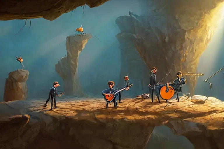 Image similar to rats playing in a rock band inspired by the beatles, beautiful, dreamlike, wholesome, pixar and disney animation, sharp, rendered in unreal engine 5, art by greg rutkowski, bloom, dramatic lighting, brown pallete,