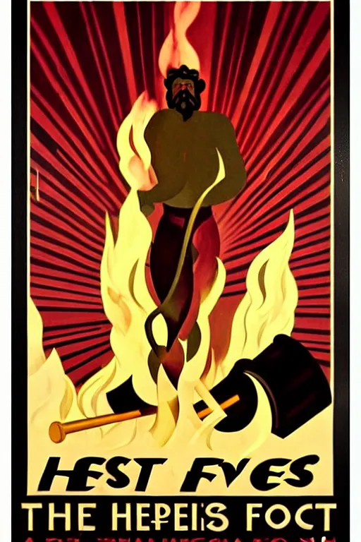 Image similar to art deco poster. hephaestus at the forge