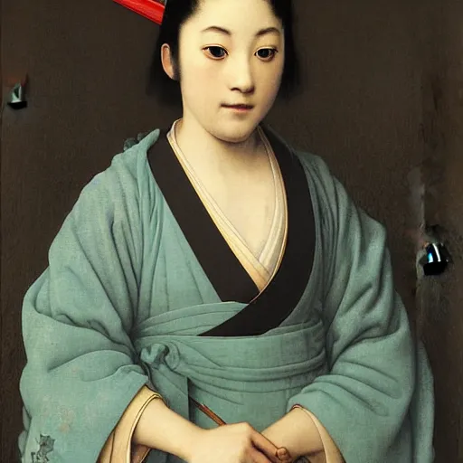 Prompt: museum quality portrait of young yamaguchi momoe in japanese costume by jan van eyck, tom bagshaw, jean delville, william bouguereau, albrecht durer, 2 0 8 0 7 2 6 5 3 2