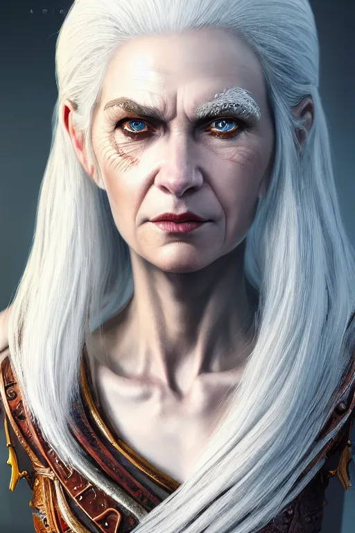 Prompt: a painting of a middle aged woman with white hair in the style of god of war, golden machine parts, intricate, elegant, featured on cgsociety, photorealism, detailed painting, artstation hd, ultra detailed, concept art, smooth, sharp focus, illustration, a character portrait by pogus caesar, 8 k