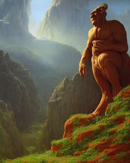 Image similar to a giant troll standing in a hilly landscape, detailed face. Realistic painting by Thomas Cole and Wayne Barlowe