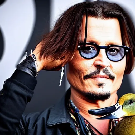 Image similar to johnny depp holding a duck up to the camera