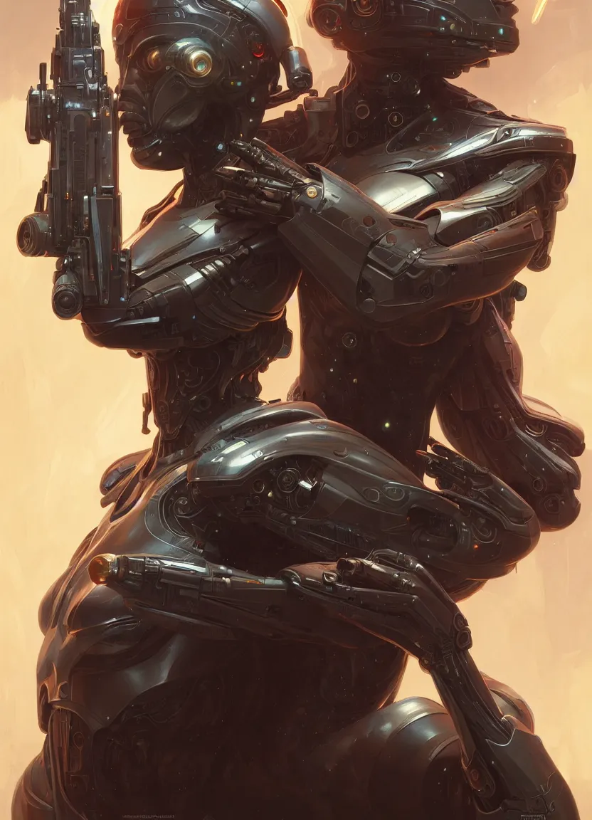 Prompt: cyborg alien with blaster, intricate, elegant, highly detailed, digital painting, artstation, concept art, matte, sharp focus, illustration, art by artgerm and greg rutkowski and alphonse mucha