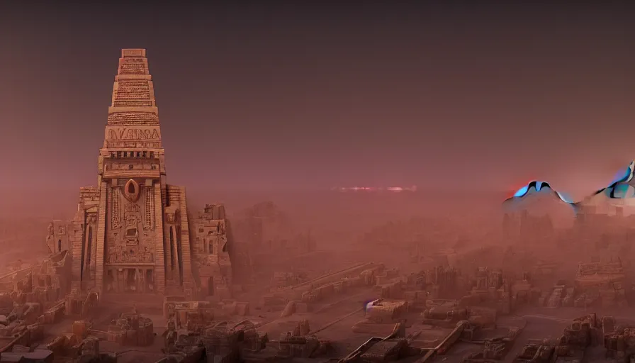 Image similar to a mixture of aztec and egyptian architecture castle, in the style of bladerunner 2 0 4 9, from 8 k matte, cinematic lighting, trending on artstation, unreal engine, highly detailed, 8 k wallpaper, cinematic lighting, octane, matte painting, volumetric lighting, atmosphere, mist, fog, clouds, matte painting