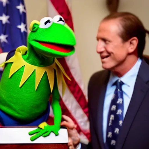 Prompt: “Kermit the Frog as president of the United States, photo journalism unreal 4k”