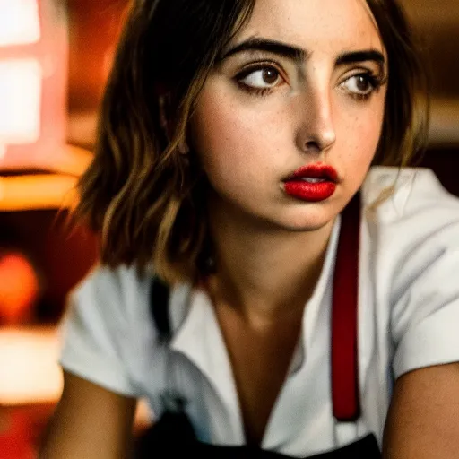 Image similar to ana de armas portrait working in a fast food restaurant, in a cinematic cyberpunk style, 3 5 mm