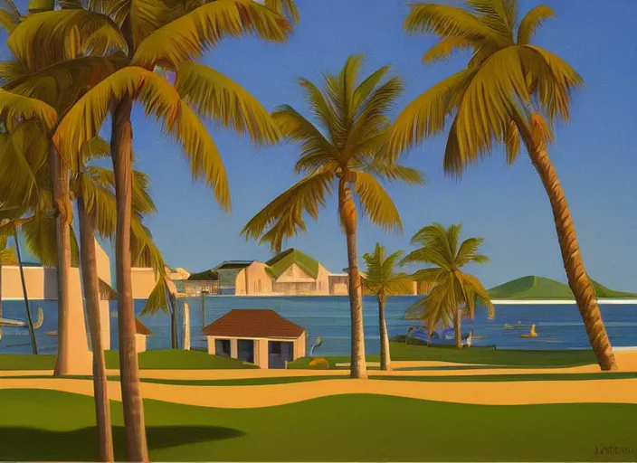 Prompt: houses near the beach, palm trees, kenton nelson,