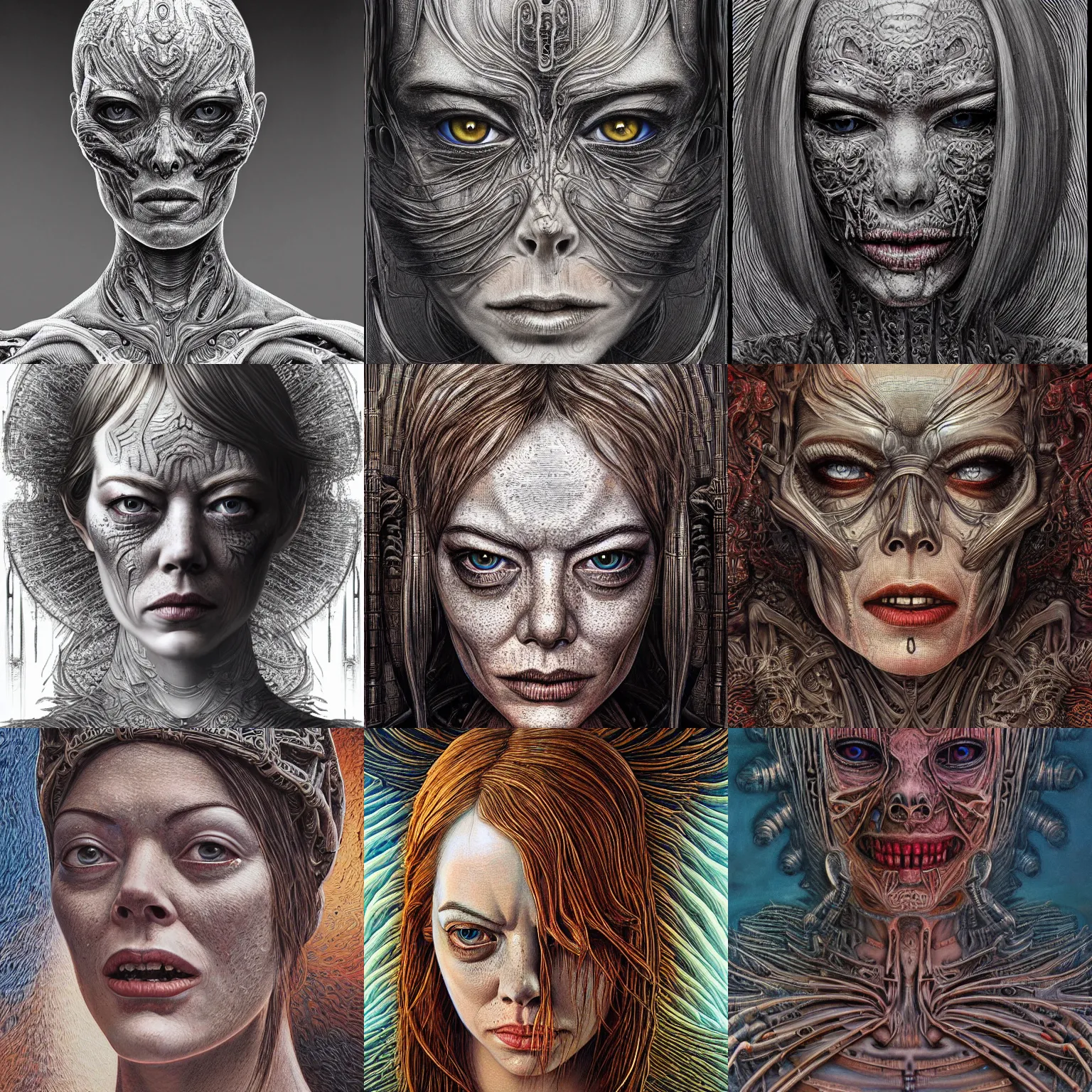 Prompt: ultra realist intricate detailed giger portrait of emma stone, insanity accurate features, apocalyptic, very intricate details, 8 k resolution, dim lighting, artstyle zdzisław beksinski and keith thompson, by giger style, award winning
