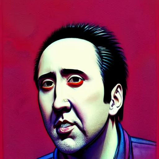 Image similar to prompt : gogo singer nicolas cage illustration portrait soft light painted by james jean and katsuhiro otomo and erik jones, inspired by evangeleon anime, smooth face feature, intricate oil painting, high detail illustration, sharp high detail, manga and anime 1 9 9 9