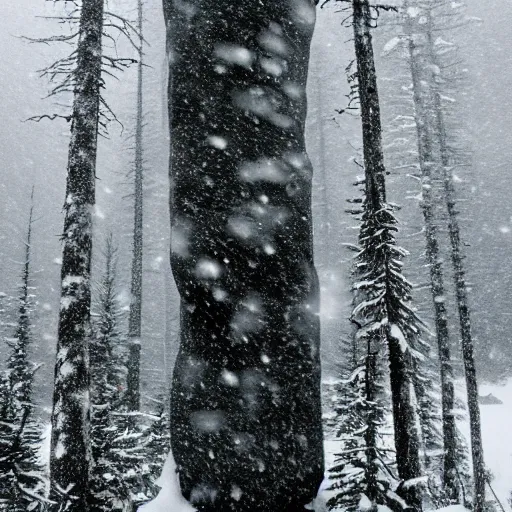 Prompt: a monolithic monster in a taiga. snowing, grainy, overcast sky.