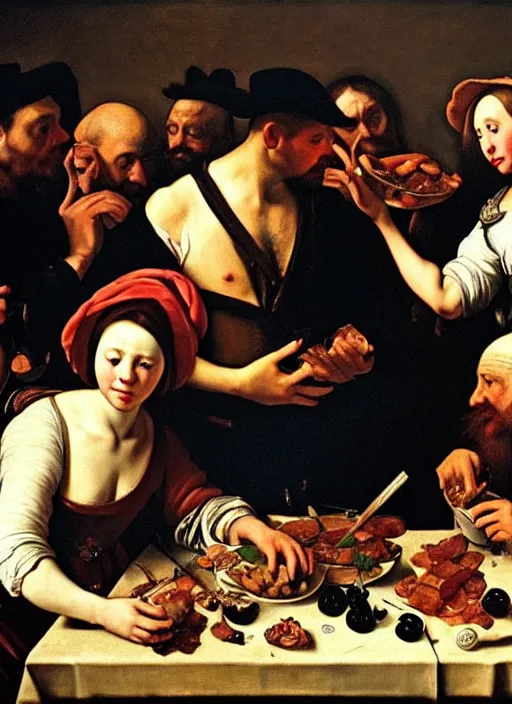 Image similar to bacon party in the style of a renaissance painting, insane detail, chiaroscuro oil painting, jan matejko, caravaggio, jan van eyck, gustave courbet, edward hopper, trending on artstation, artgerm