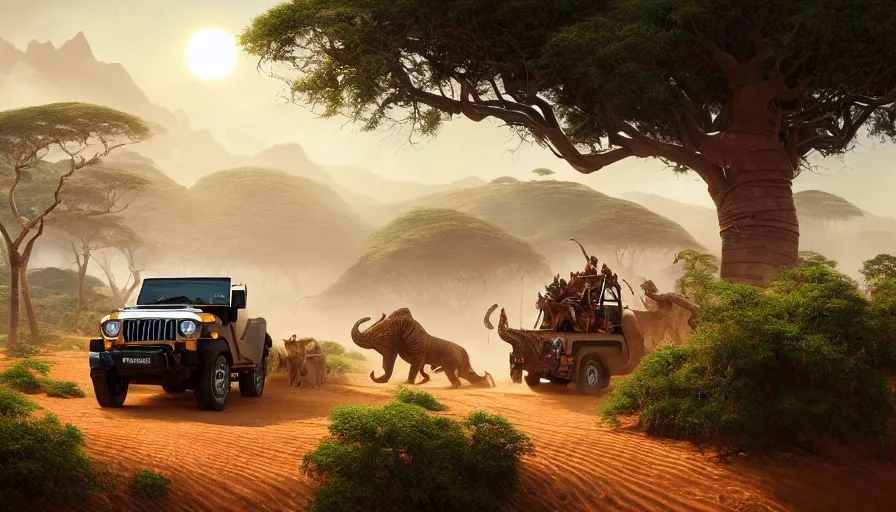 Prompt: mahindra thar driving through madagascar with baobabs trees, animals chasing, action scene, an epic fantasy, artgerm and greg rutkowski and alphonse mucha, an epic fantasy, volumetric light, detailed, establishing shot, an epic fantasy, cinematic, photorealistic, ultrarealistic, trending on art station, octane render, midsommar