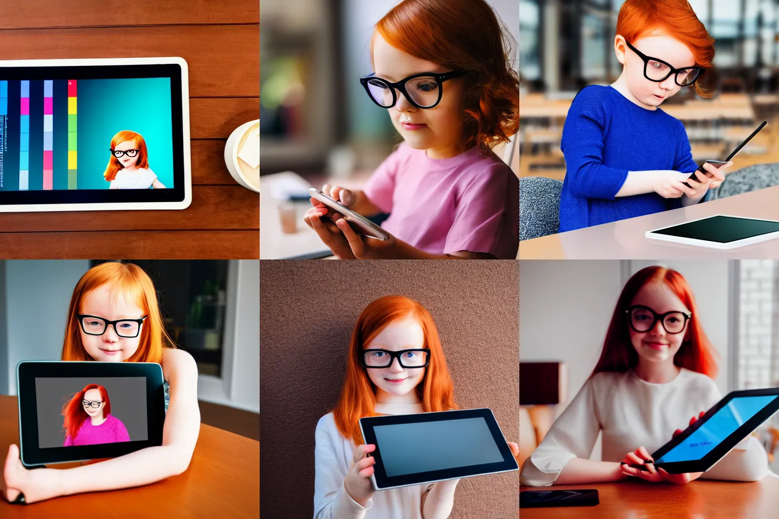 Prompt: a professional photo of ginger girl in glasses experiences her new e - ink tablet sitting behind a table, professional photo, iphone photo, vibrant colors, 4 k