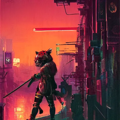 Prompt: samurai with tiger head, holding the sword katana, cyberpunk city on the background, rainy night, neon glow, artstation trending, Peter Andrew Jones, Joe Jusko, Simon Stolenhag