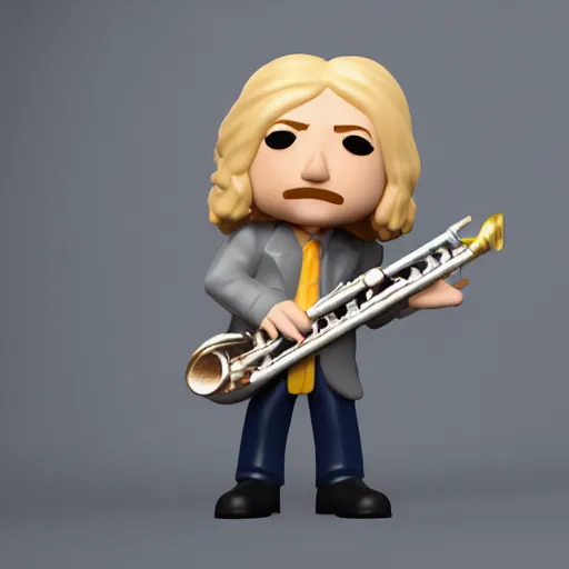 Image similar to a 3d render of blond hippie man playing the sax as a funko pop, studio lighting, grey background