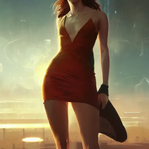 Prompt: a portrait of emma watson wearing skintight dress, futuristic earth in the background as seen by greg rutkowski, light theme, enchanted, warm colors, high quality, waw, trending on artstation