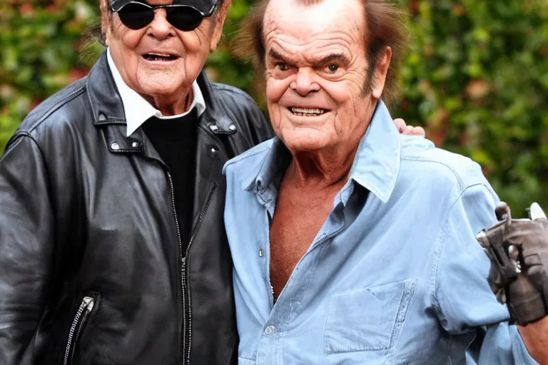 Prompt: Jack Nicholson plays Pikachu Terminator, wearing leather jacket, getting from the car