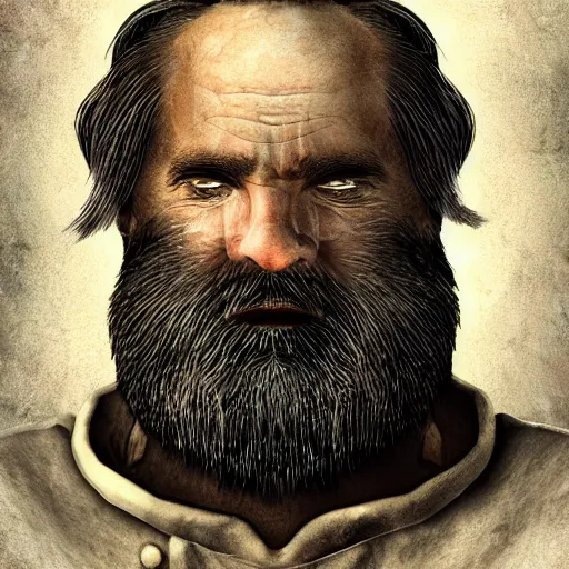 Prompt: Half-length portrait of Antares, a middle-aged dwarf man with long beard and a grave voice, that works as a master chef and lives in the nature, epic dramatic digital art.