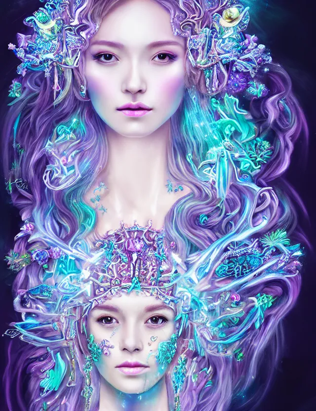 Image similar to goddess portrait by jessica oyhenart in crown made of skull, bioluminiscent, plasma, ice, water, wind, whimmy, super intricate ornaments artwork by 翼 次 方 cg