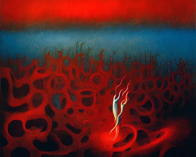 Image similar to fire painting by yves tanguy and beksinski.