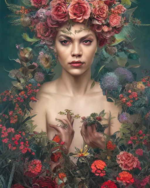 Image similar to portrait of the mulatto queen of the underworld, surrounded by flowers by karol bak, james jean, tom bagshaw, rococo, sharp focus, trending on artstation, cinematic lighting, hyper realism, octane render, 8 k, hyper detailed.