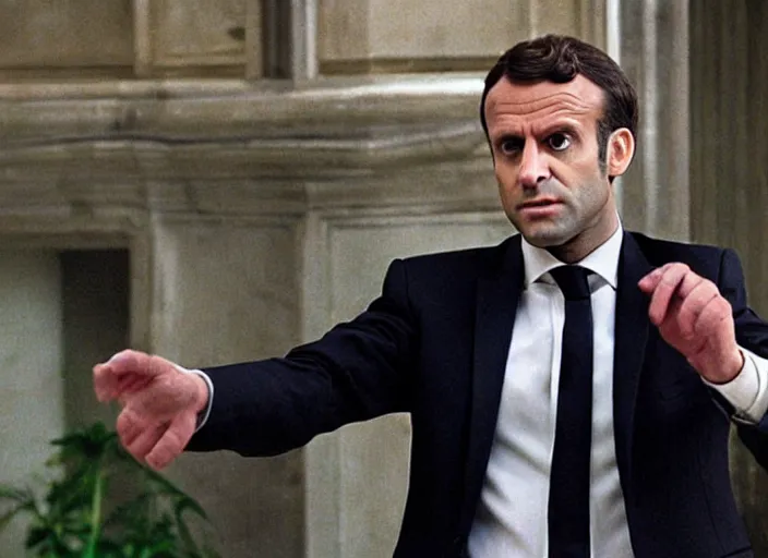 Prompt: hyper realistic, production still of emmanuel macron playing mr smith in matrix ( 1 9 9 9 ), 4 k, highly detailed, anamorphic