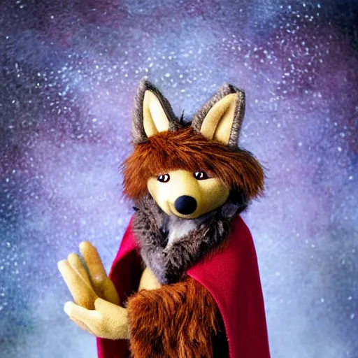Prompt: photorealistic real life foxfolk wizard druid as a very fancy and very adorable and lovable furry muppet plush wearing a fancy elven cloak and holding a sentient scimitar, photography, national geographic, sesame street