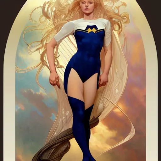 Image similar to a beautiful portrait of a beautiful cute teen superhero girl, blonde hair, tight matte navy - blue bodysuit, white cape, intricate, elegant, 8 k, highly detailed, digital painting, concept art, smooth, sharp focus, illustration, by artgerm greg rutkowski alphonse mucha loish wlop