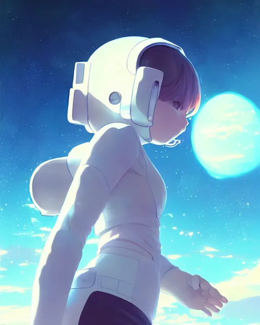 Image similar to a cute thicc astronaut alien girl, floating through empty space, backlit, epic photo ， by makoto shinkai an krenz cushart